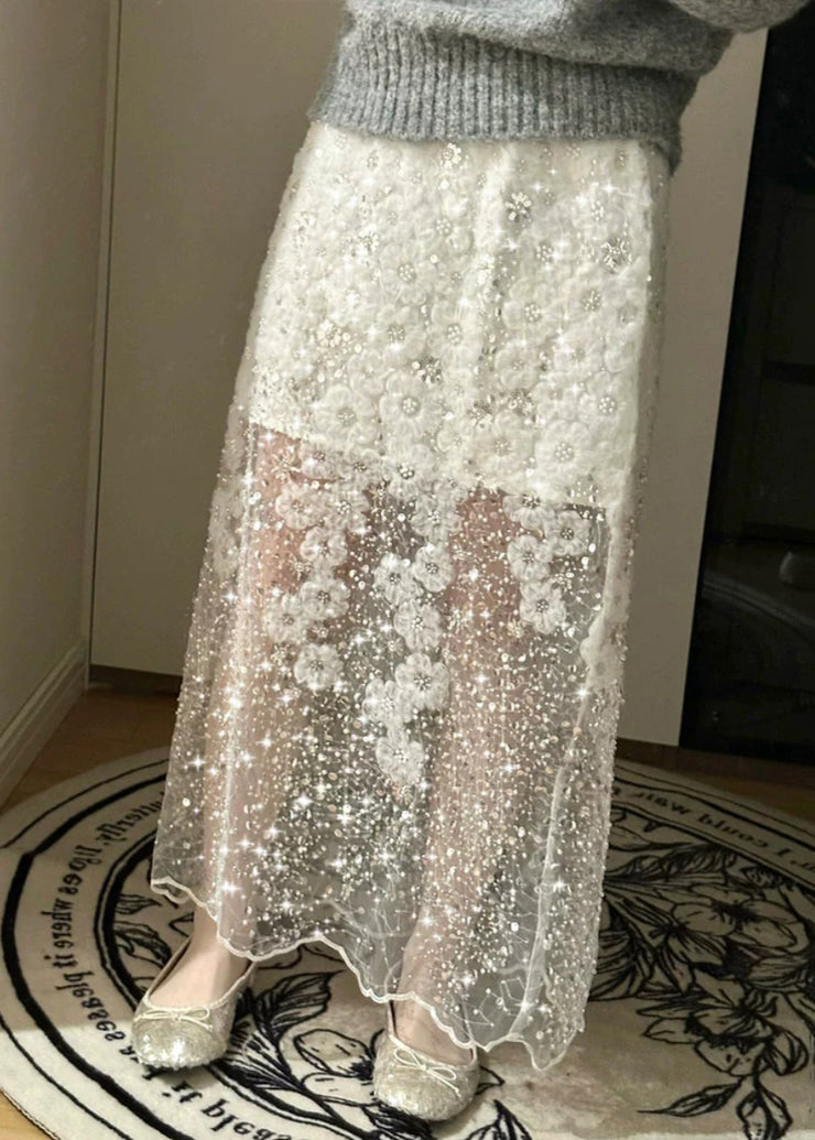 Handmade White Sequins Nail Bead Tulle Skirt Summer