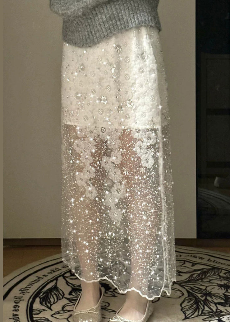 Handmade White Sequins Nail Bead Tulle Skirt Summer