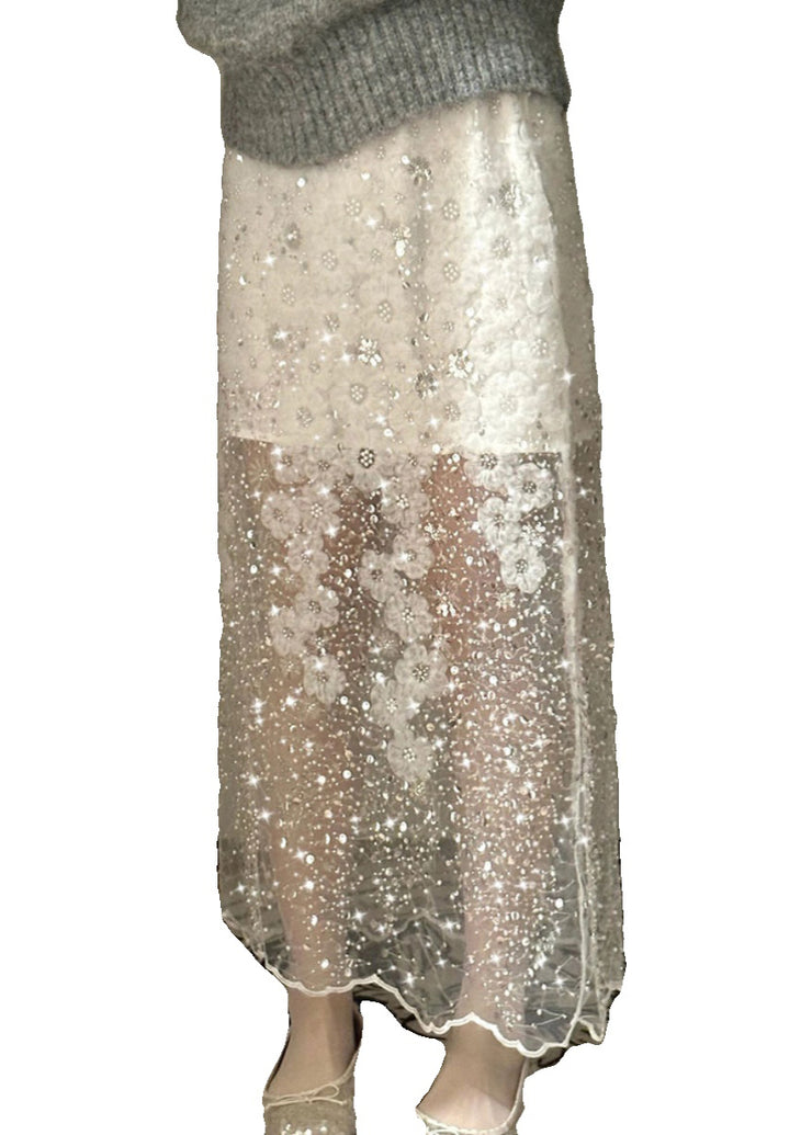 Handmade White Sequins Nail Bead Tulle Skirt Summer