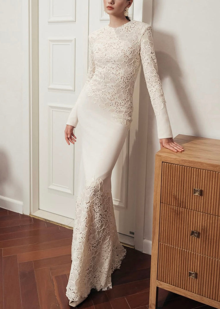 Handmade White Sequins Patchwork Cotton Party Dress Fall