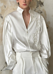 Handmade White Stand Collar Button Pearl Silk Cotton Men Shirt Fall