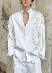 Handmade White Stand Collar Button Pearl Silk Cotton Men Shirt Fall