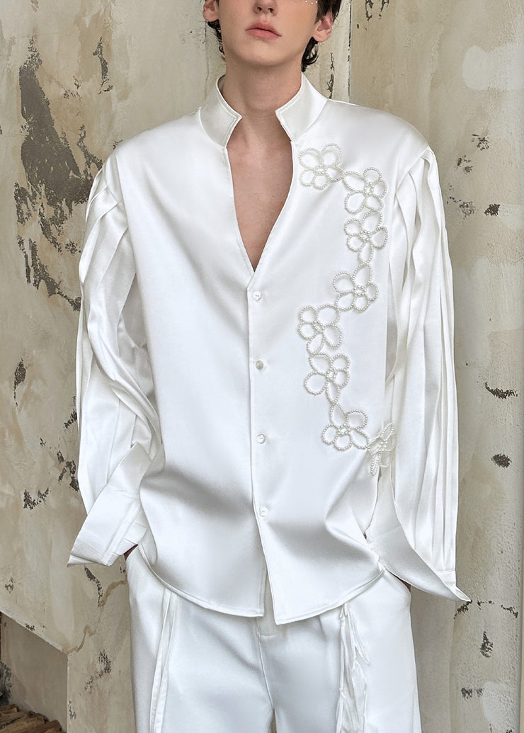Handmade White Stand Collar Button Pearl Silk Cotton Men Shirt Fall