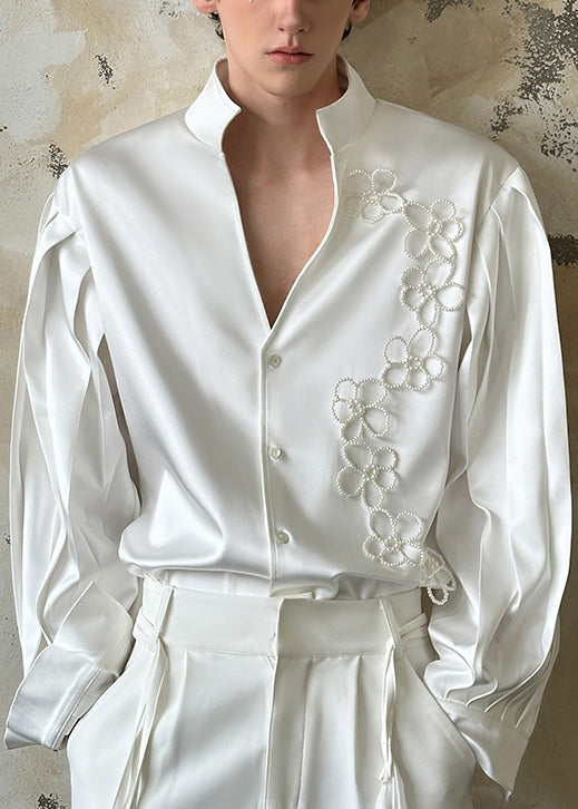 Handmade White Stand Collar Button Pearl Silk Cotton Men Shirt Fall