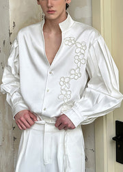 Handmade White Stand Collar Button Pearl Silk Cotton Men Shirt Fall
