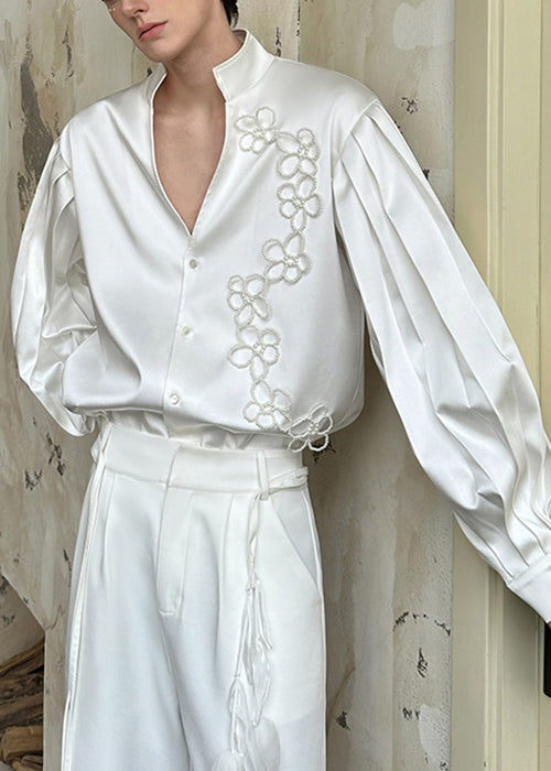 Handmade White Stand Collar Button Pearl Silk Cotton Men Shirt Fall