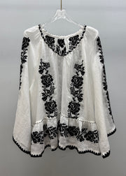 Handmade White V Neck Embroidered Linen Blouses Fall