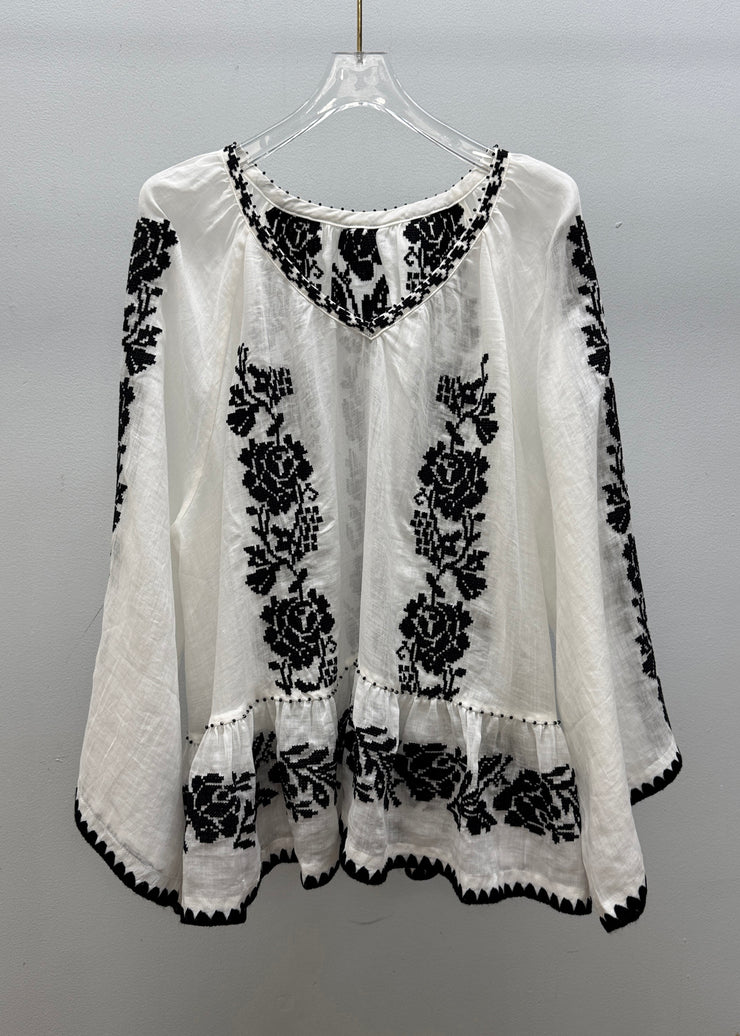 Handmade White V Neck Embroidered Linen Blouses Fall