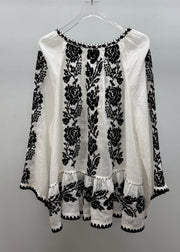 Handmade White V Neck Embroidered Linen Blouses Fall