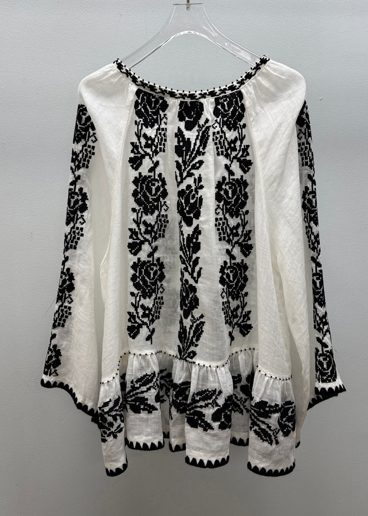 Handmade White V Neck Embroidered Linen Blouses Fall