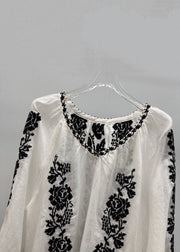 Handmade White V Neck Embroidered Linen Blouses Fall