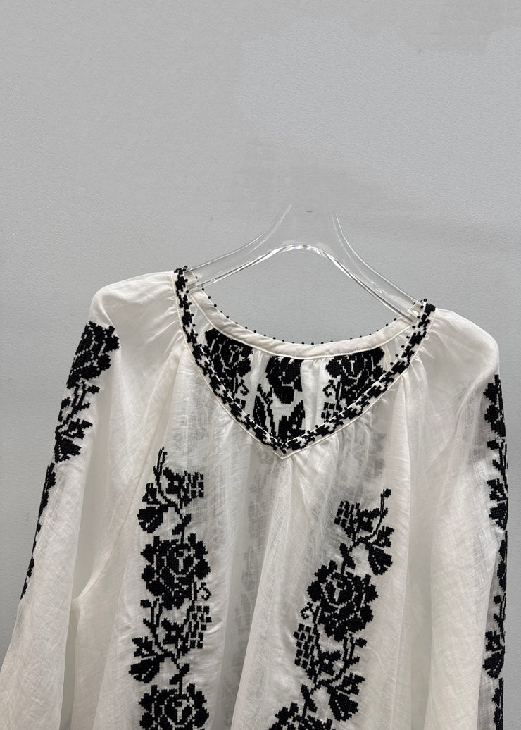 Handmade White V Neck Embroidered Linen Blouses Fall