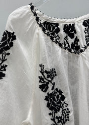 Handmade White V Neck Embroidered Linen Blouses Fall