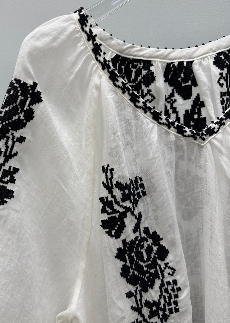 Handmade White V Neck Embroidered Linen Blouses Fall