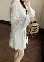 Handmade White V Neck Hollow Out Cotton Two Pieces Set Summer