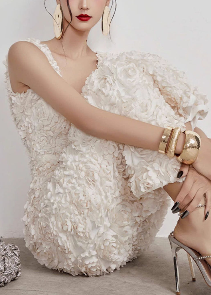 Handmade White V Neck Side Open Cotton Long Dress Sleeveless
