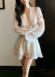 Handmade White V Neck Zircon Lace Up Mini Dresses Fall