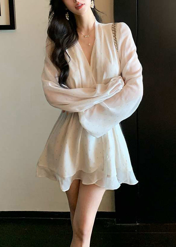 Handmade White V Neck Zircon Lace Up Mini Dresses Fall