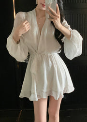 Handmade White V Neck Zircon Lace Up Mini Dresses Fall