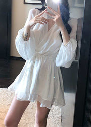 Handmade White V Neck Zircon Lace Up Mini Dresses Fall