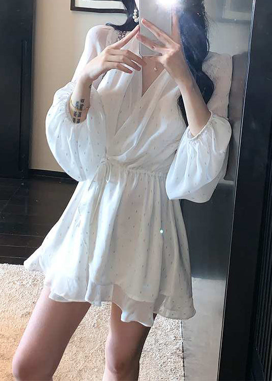 Handmade White V Neck Zircon Lace Up Mini Dresses Fall