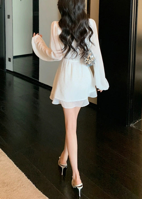 Handmade White V Neck Zircon Lace Up Mini Dresses Fall
