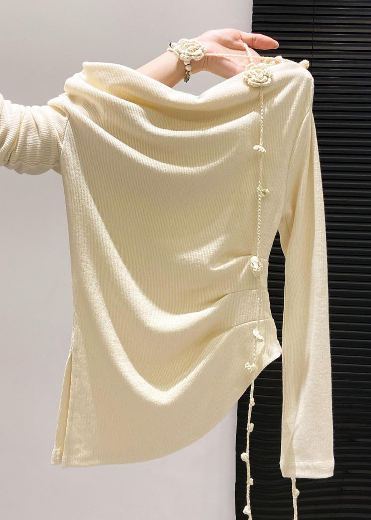 Handmade Yellow Asymmetrical Floral Wrinkled Cotton Blouses Fall