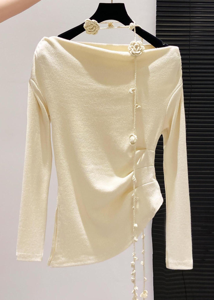 Handmade Yellow Asymmetrical Floral Wrinkled Cotton Blouses Fall