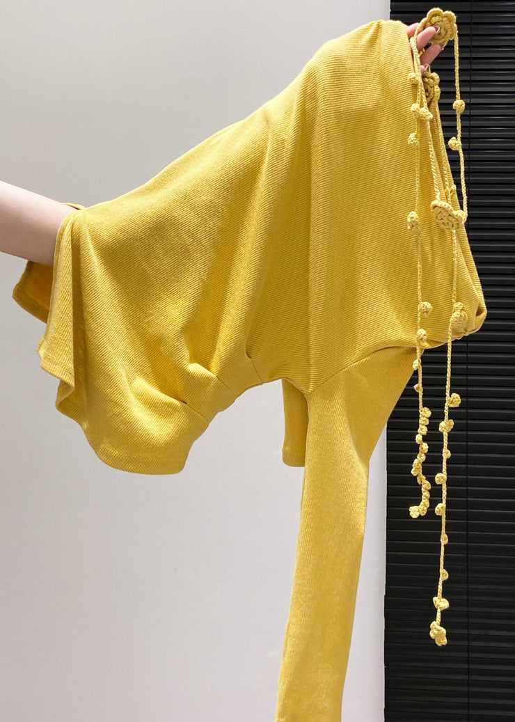 Handmade Yellow Asymmetrical Floral Wrinkled Cotton Blouses Fall