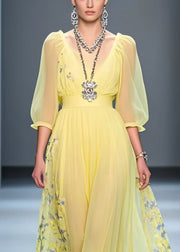 Handmade Yellow Cinched Print Chiffon Party Dress Summer