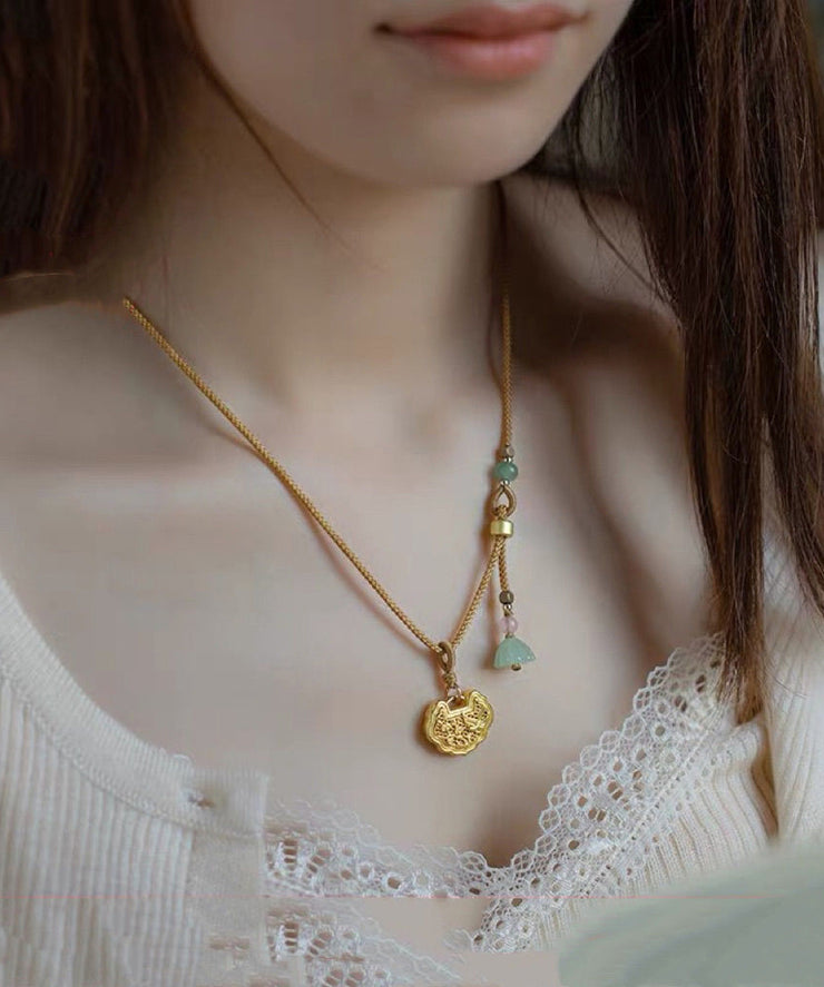 Handmade Yellow Copper Overgild Jade Agate Lotus Seedpod Pendant Necklace