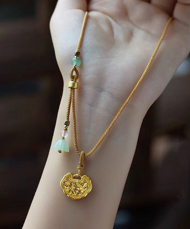 Handmade Yellow Copper Overgild Jade Agate Lotus Seedpod Pendant Necklace