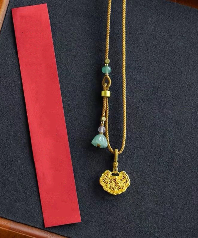 Handmade Yellow Copper Overgild Jade Agate Lotus Seedpod Pendant Necklace