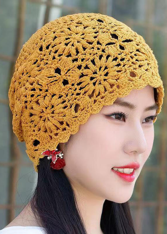 Handmade Yellow Crochet Flower Spring And Autumn Hollowed Out Knitted Hat