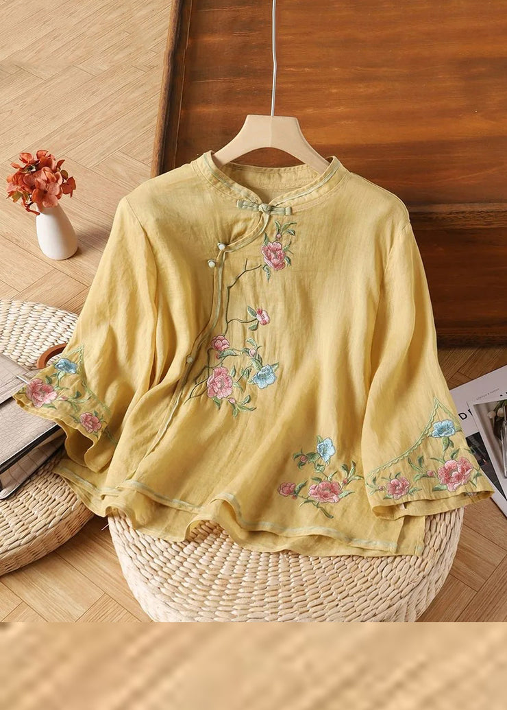 Handmade Yellow Embroidered Button Linen Shirt Bracelet Sleeve