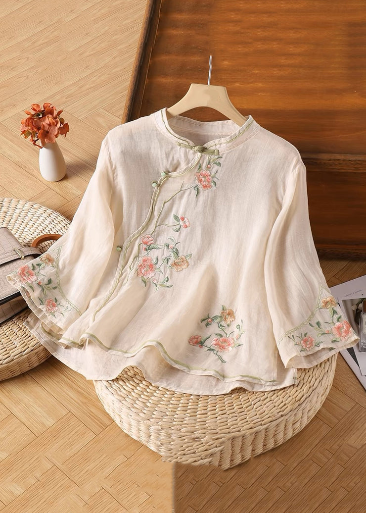 Handmade Yellow Embroidered Button Linen Shirt Bracelet Sleeve