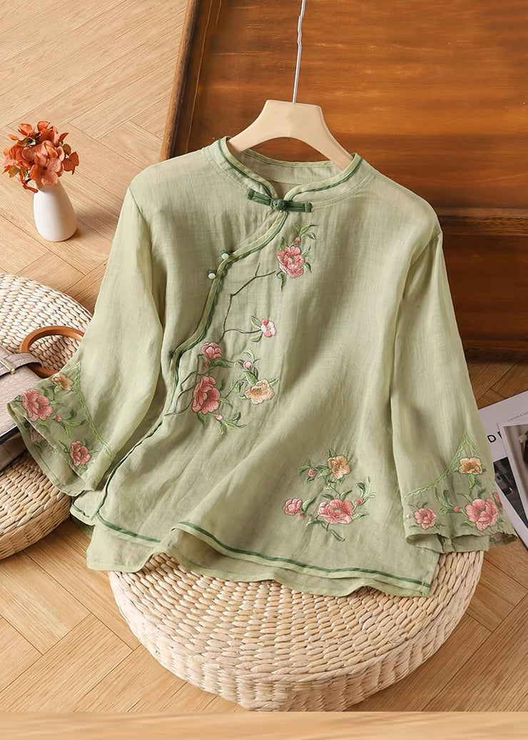 Handmade Yellow Embroidered Button Linen Shirt Bracelet Sleeve