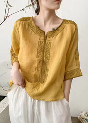Handmade Yellow Embroidered Linen Loose Shirt Summer
