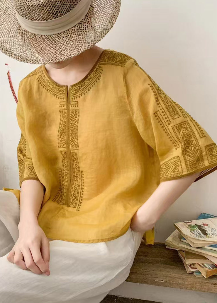 Handmade Yellow Embroidered Linen Loose Shirt Summer
