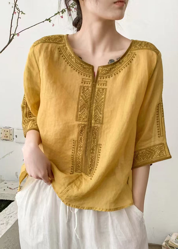 Handmade Yellow Embroidered Linen Loose Shirt Summer
