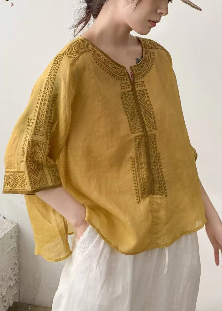 Handmade Yellow Embroidered Linen Loose Shirt Summer