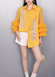 Handmade Yellow Embroidered Rhinestone Chiffon Shirt Tops