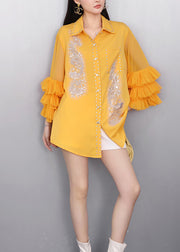 Handmade Yellow Embroidered Rhinestone Chiffon Shirt Tops