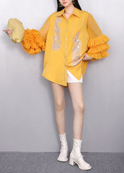 Handmade Yellow Embroidered Rhinestone Chiffon Shirt Tops