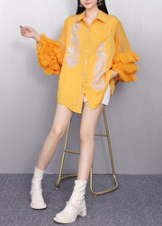 Handmade Yellow Embroidered Rhinestone Chiffon Shirt Tops