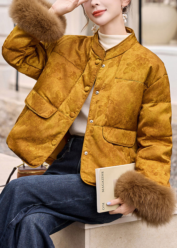 Handmade Yellow Fur Patchwork Duck Down Winter Short Coats