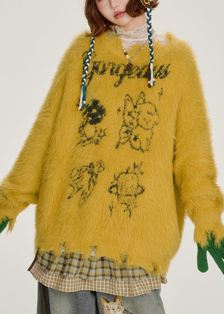 Handmade Yellow Oversized Print Fuzzy Fur Fluffy Knit Sweater Tops Winter