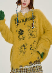 Handmade Yellow Oversized Print Fuzzy Fur Fluffy Knit Sweater Tops Winter