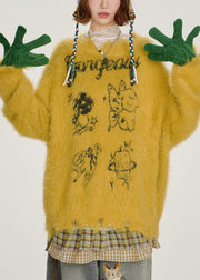 Handmade Yellow Oversized Print Fuzzy Fur Fluffy Knit Sweater Tops Winter