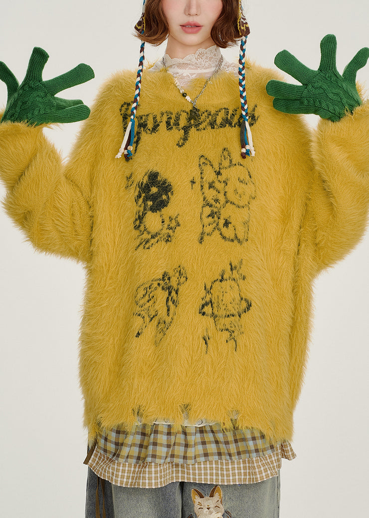Handmade Yellow Oversized Print Fuzzy Fur Fluffy Knit Sweater Tops Winter